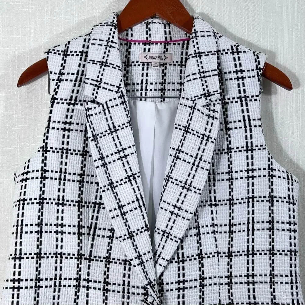 Nanette Lepore Black & White Woven Tweed Plaid One Button Blazer Vest Size M